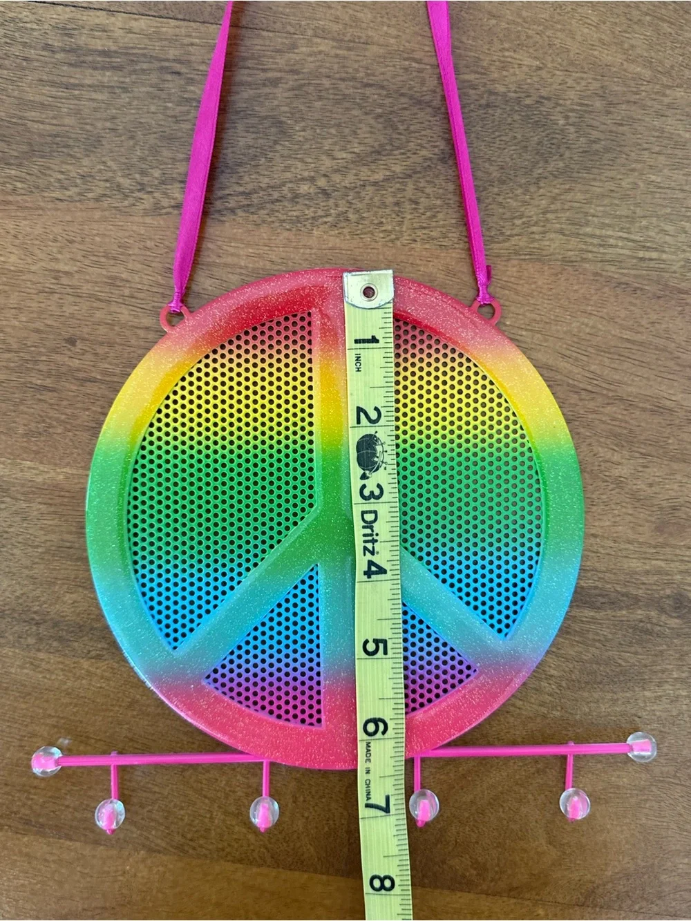 Rainbow Peace Sign Earring Holder/ Necklace Holder, Hanging with Pink Strap